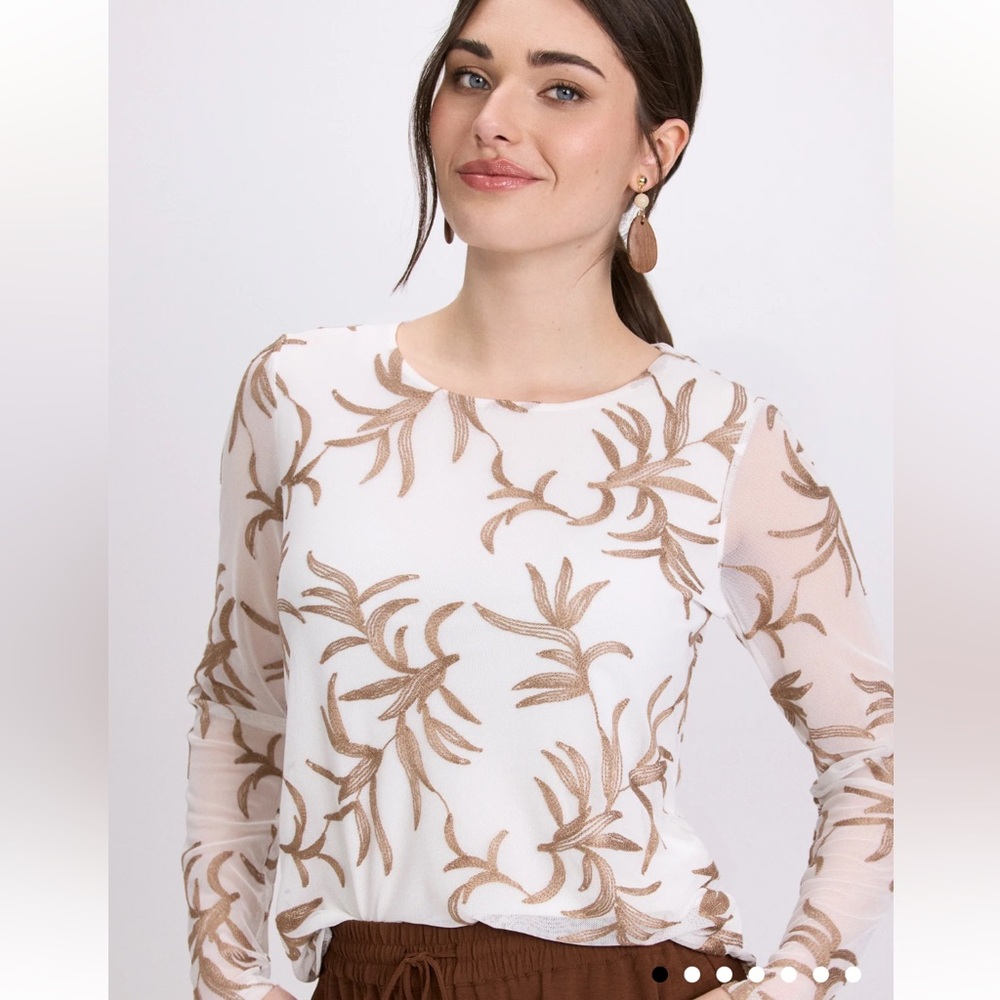 Laura Tropical Embroidered Sheer Sleeve Top White